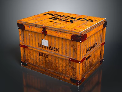 Vintage Orange Wooden Storage Box Featuring BONACK BOX Lettering Metal Clasps And Red Straps 3d model