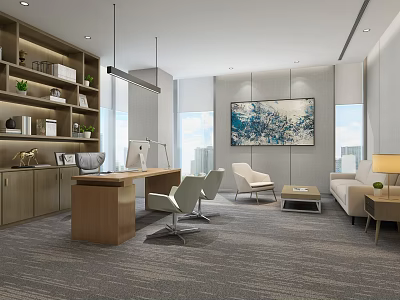 Modern Office Interior Design With Desk Chairs Sofa Coffee Table Bookshelf And Wall Art 3d model