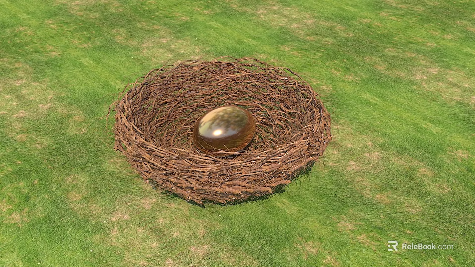 Natural Bird Nest With Shiny Golden Egg On Green Grass Field 3d model 