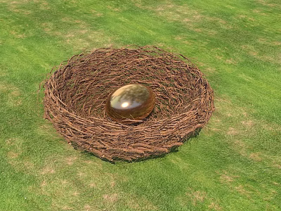Natural Bird Nest With Shiny Golden Egg On Green Grass Field 3d model