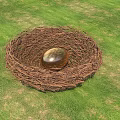 Natural Bird Nest With Shiny Golden Egg On Green Grass Field