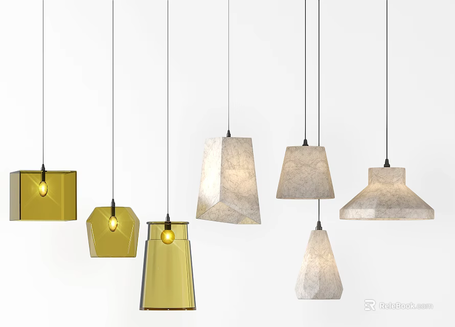 Modern Pendant Lights Featuring Various Geometric Shapes Yellow and Light Tones 3d model