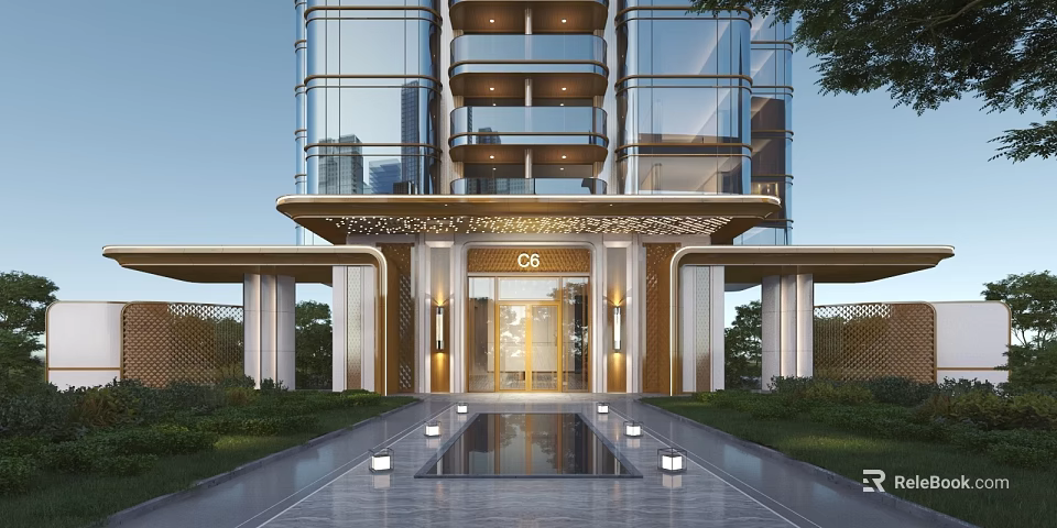 Modern Luxury Entrance Facade With Glass Walls Golden C6 Design Water Feature And Greenery 3d model 