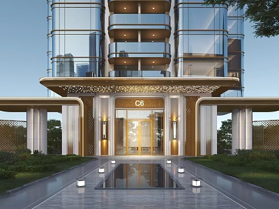 Modern Luxury Entrance Facade With Glass Walls Golden C6 Design Water Feature And Greenery 3d model