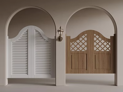 Arched Door Frames Featuring White Louvered And Brown Wooden Doors With Classic Wall Lamp 3d model
