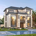 Two Story Detached Villa Exterior With Large Windows Swimming Pool Lawn And Greenery