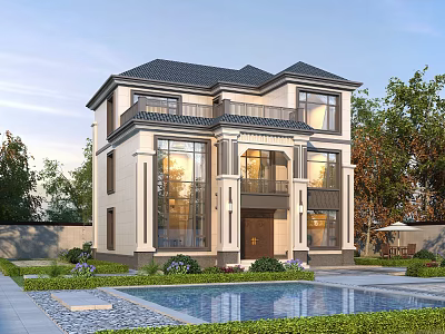 Two Story Detached Villa Exterior With Large Windows Swimming Pool Lawn And Greenery 3d model