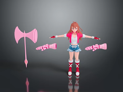 Anime Girl Themed Pink Household Accessories With Axe And Wrist Guards Set 3d model