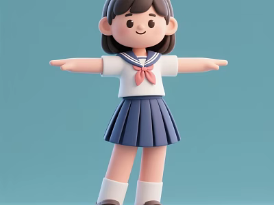 Cute Doll In Sailor Uniform Red Bow Blue Pleated Skirt Arms Outstretched Light Blue Background 3d model