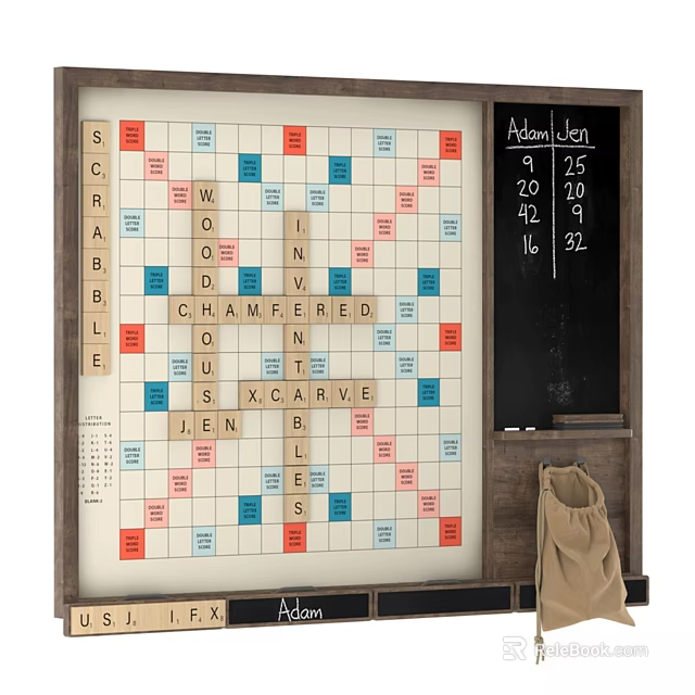 Vintage Scrabble Game Board Decorative Ornament Set with Letter Tiles Chalkboard Score and Canvas Bag 3d model 