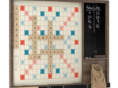 Vintage Scrabble Game Board Decorative Ornament Set with Letter Tiles Chalkboard Score and Canvas Bag 3d model