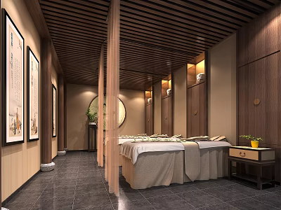 Serene SPA Sauna Room Interior With Wooden Decor Round Mirror Massage Beds And Green Plant 3d model