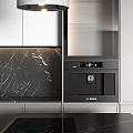 Modern Kitchen Interior Design Featuring Gray Cabinets Black Marble Countertop Island And Range Hood