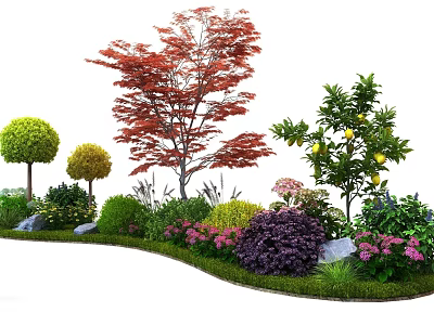 Diverse Plant Combination With Red Maple Tree Purple Shrubs Pink Flowers And Green Lawn 3d model
