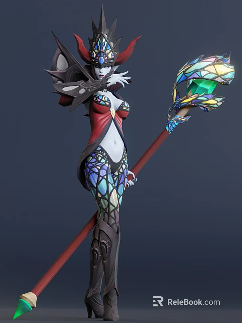 Fantasy Game And Movie Female Character With Ornate Outfit Stained Glass Leggings And Crystal Staff 3d model 