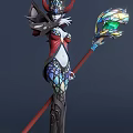 Fantasy Game And Movie Female Character With Ornate Outfit Stained Glass Leggings And Crystal Staff