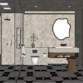 Modern Bathroom Interior With Glass Shower Round Mirror Vanity And Geometric Floor Tiles