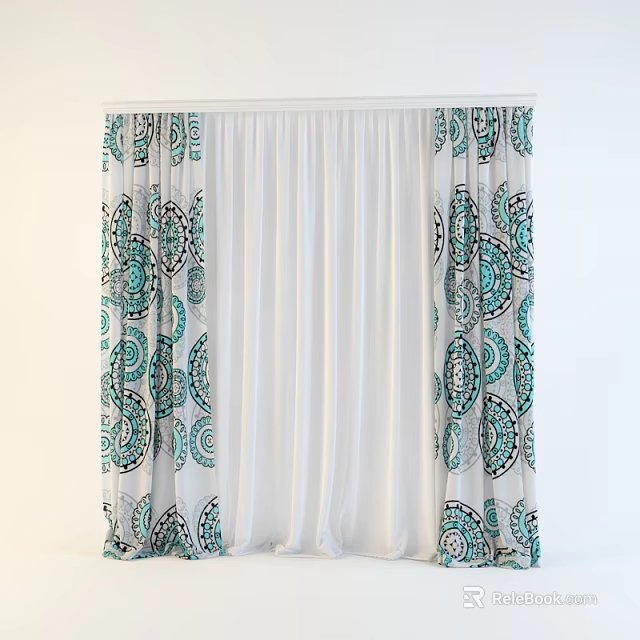 Modern Decorative Curtains With Turquoise Circular Patterns And White Sheer Center 3d model 