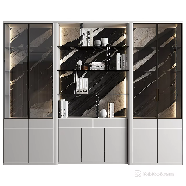 Modern Bookcase Design With Glass Doors LED Lighting Marble Backdrop And Decorative Items 3d model 