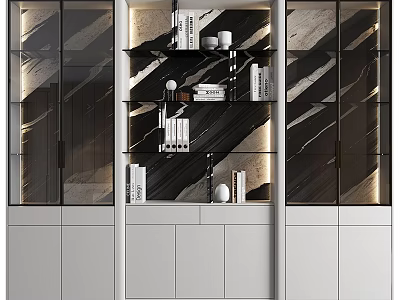 Modern Bookcase Design With Glass Doors LED Lighting Marble Backdrop And Decorative Items 3d model