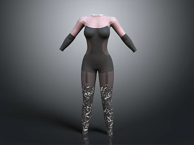 Fashionable Tight Fitting Bodysuit With Sheer Mesh Sleeves And Decorative Leg Patterns 3d model