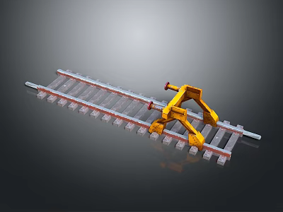 Industrial Railway Track Switch Equipment With Yellow Mechanism And Metal Rails 3d model