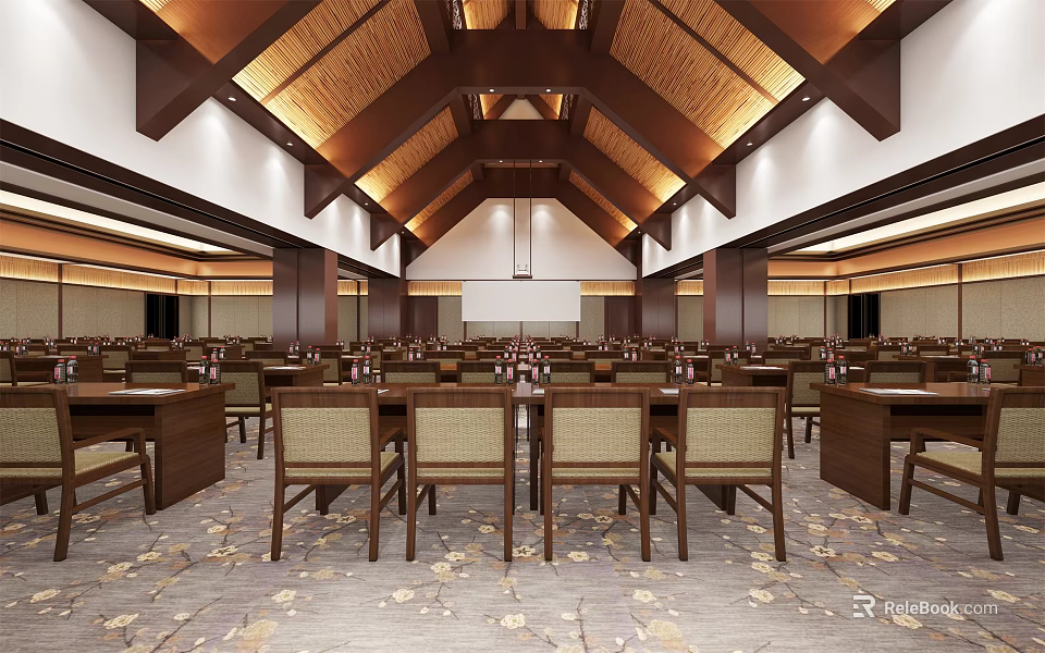 Spacious Conference Room Interior With Wooden Ceiling And Arranged Tables Chairs 3d model 