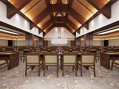 Spacious Conference Room Interior With Wooden Ceiling And Arranged Tables Chairs 3d model