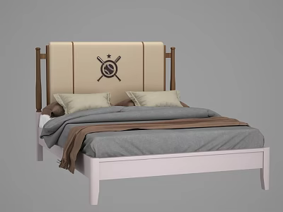 Kids Bed with Beige Headboard Featuring Baseball Logo White Frame Gray Bedding and Pillows 3d model