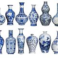 Traditional Blue And White Ceramic Vases With Various Shapes And Decorative Patterns 3d model