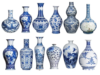 Traditional Blue And White Ceramic Vases With Various Shapes And Decorative Patterns 3d model