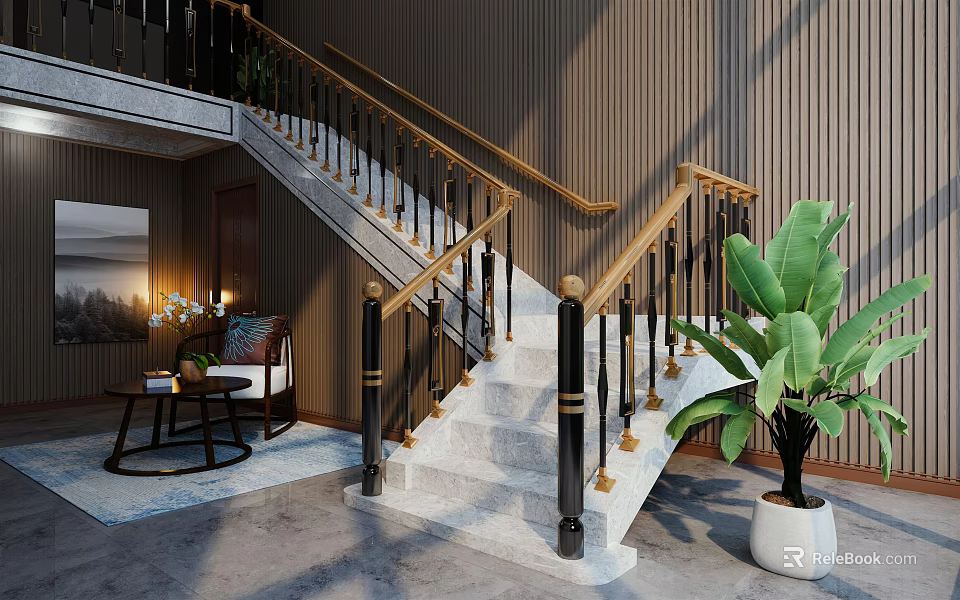 Luxurious Staircase With Marble Steps Gold Black Railings Modern Interior Green Plant Sofa 3d model 