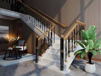 Luxurious Staircase With Marble Steps Gold Black Railings Modern Interior Green Plant Sofa 3d model