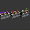 Three Rectangular Stone Planters With Colorful Flower Plants Blue Red White 3d model