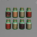 Wall Decor Of Glass Jars With Spices And Cork Stoppers