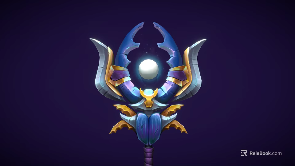 Fantasy Weapon Staff With Ornate Blue Purple Gold Design Glowing Orb And Decorative Wings 3d model 