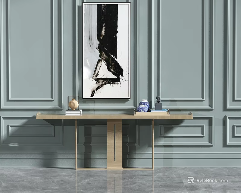 Modern Entryway Console Table With Golden Legs And Decorative Items On Gray Wall 3d model