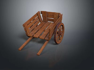 Vintage Wooden Cart With Planked Body And Single Spoked Wheel Design 3d model