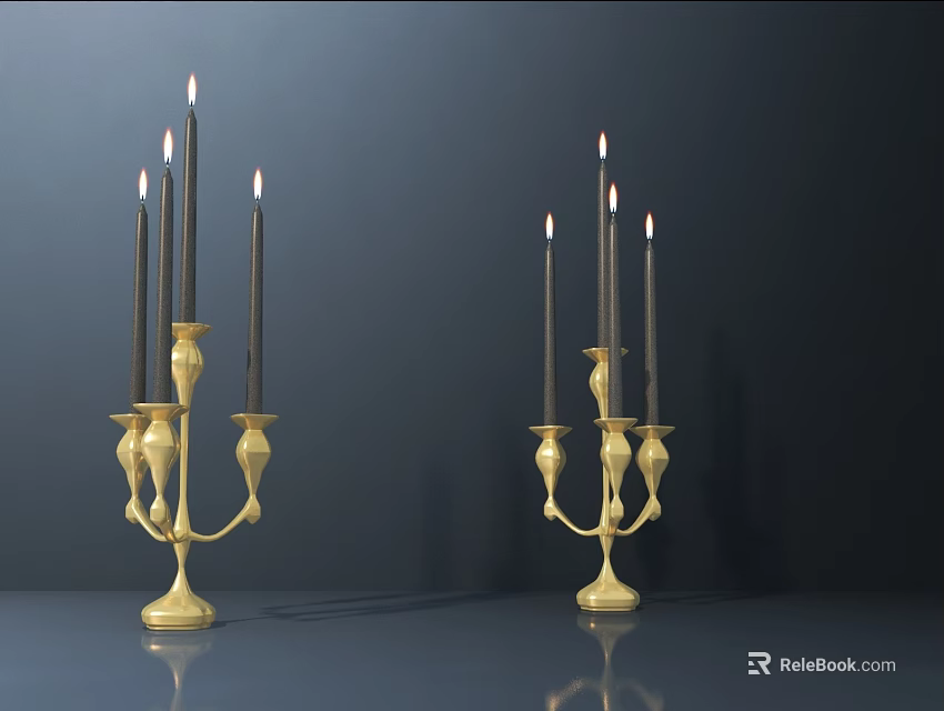 Two Elegant Golden Candelabra With Lit Candles On Dark Reflective Surface 3d model 