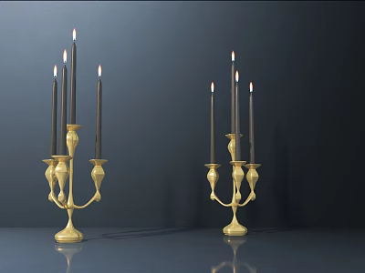 Two Elegant Golden Candelabra With Lit Candles On Dark Reflective Surface 3d model