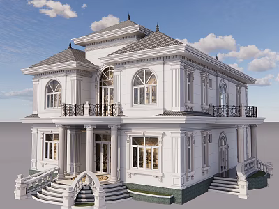 Elegant Detached Villa With White Exterior Ornate Roof Arched Windows Grand Staircase And Columns 3d model