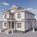Elegant Detached Villa With White Exterior Ornate Roof Arched Windows Grand Staircase And Columns