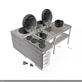 Double Stove Kitchen Countertop Setup With Pots Drawers And Cooking Utensils