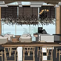 Modern Restaurant Interior With Wooden Ceiling Chandelier Open Layout Dining Table And Bar Counter