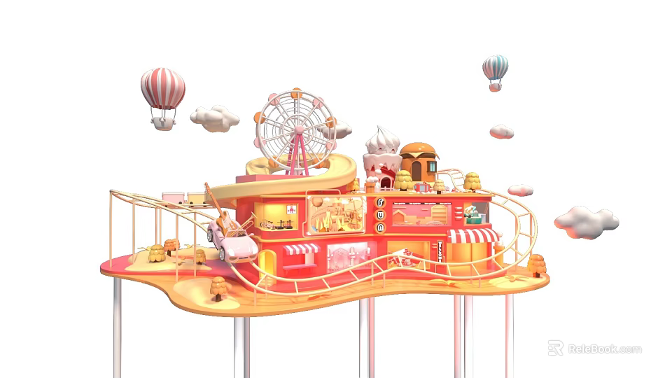 Fairy Tale Amusement Park Scene With Ferris Wheel Hot Air Balloons And Pink Buildings 3d model 