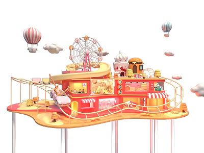 Fairy Tale Amusement Park Scene With Ferris Wheel Hot Air Balloons And Pink Buildings 3d model