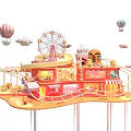 Fairy Tale Amusement Park Scene With Ferris Wheel Hot Air Balloons And Pink Buildings