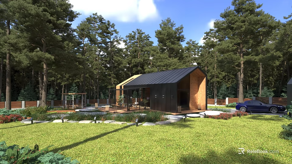 Detached House Surrounded by Pine Trees With Black Roof Wooden Exterior Lawn Patio 3d model 