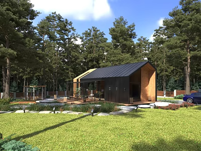 Detached House Surrounded by Pine Trees With Black Roof Wooden Exterior Lawn Patio 3d model