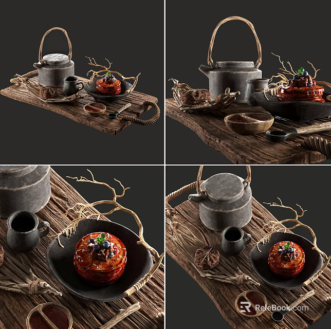 Traditional Braised Meatball Dish Served with Teapot on Wooden Tray and Decorative Branches 3d model 